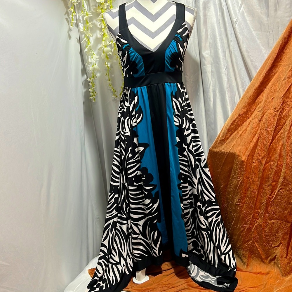 INC International Concepts Long Black White Teal Print Dress